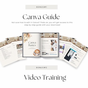 Op de afbeelding: Een open boek met de titel "Canva Basics" met een latte op de pagina, omringd door extra gidsen en de tekst "Canva Guide" en "Video Training". De afbeelding heeft een strak, minimalistisch ontwerp met een witte achtergrond.