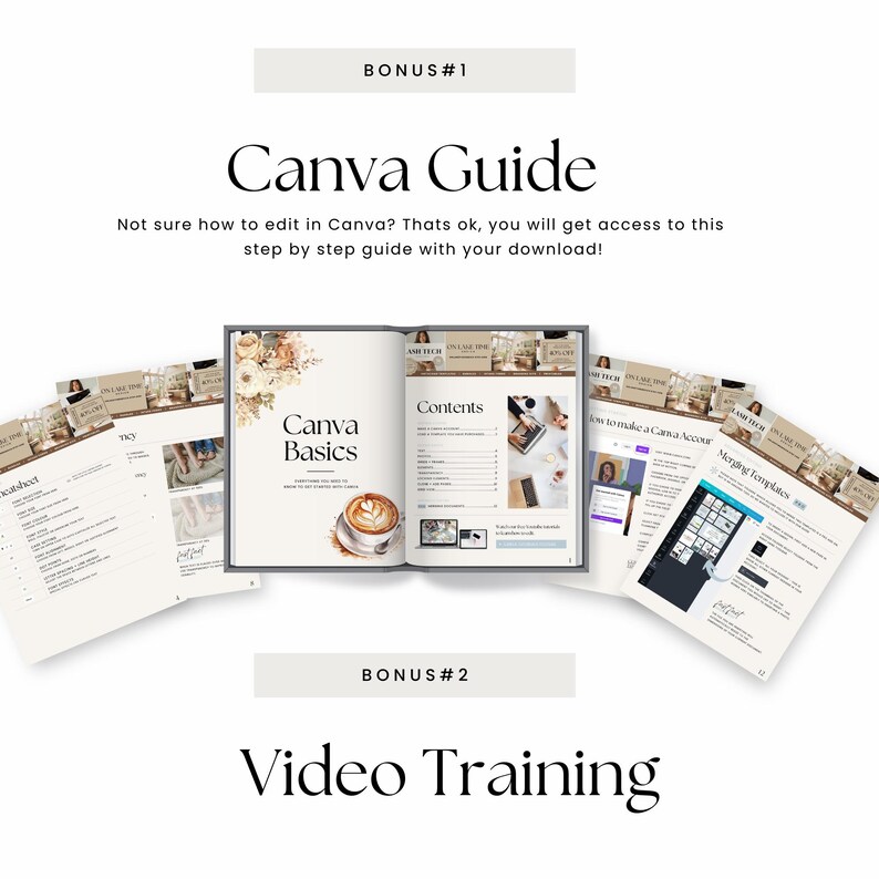 Op de afbeelding: Een open boek met de titel "Canva Basics" met een latte op de pagina, omringd door extra gidsen en de tekst "Canva Guide" en "Video Training". De afbeelding heeft een strak, minimalistisch ontwerp met een witte achtergrond.