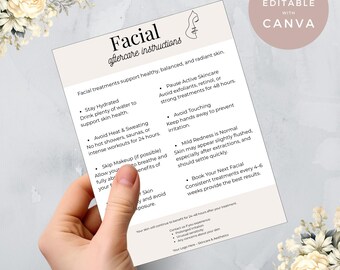 Facial Aftercare Card Template, Editable Canva Template, Esthetician Client Instructions, Skincare Aftercare Card, 5x7 Printable, Spa Sign
