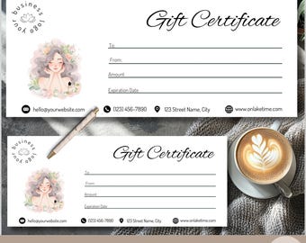 Editable Gift Certificate Minimalist, Edit Template in Canva, Instant Download,  Luxury Small Business Customer Voucher, Beauty Gift Her, GC