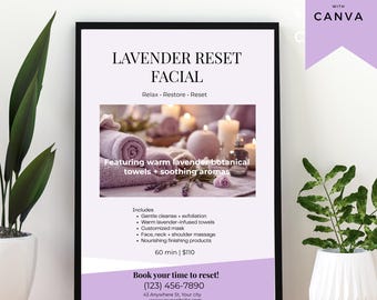 Lavender Facial Flyer Template | Spa Promotion Editable Canva Template | Esthetician Marketing Flyer | Skincare Service Ad, Printable 8.5x11