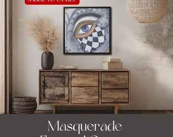 Impresión en lienzo enmarcada de máscara de mascarada: Arlequín de carnaval, arte de ojos azules