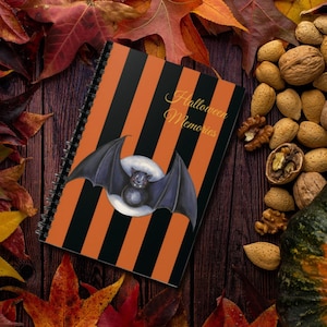 Black Bat Orange Striped Spiralbound, Rule-Lined Notebook, Fall Halloween Stationary, Whimsical Bat Journal, 6x8 Notebook, Cute Bat Journal