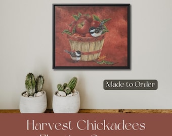 Impresión en lienzo enmarcada de carboneros y manzanas: arte rústico de cocina de granja