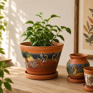 May include: A terracotta-colored ceramic flower pot with a matching saucer, featuring hand-painted floral and bird designs in blue, yellow, and gold. The pot holds a vibrant green plant. Additional ceramic pots are visible.