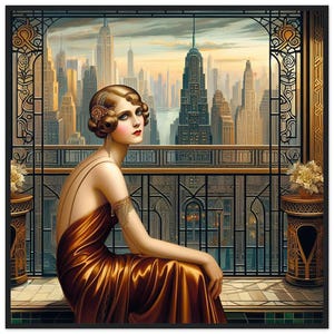 Quadro da parete Art Déco "Wistful Lady" stampato su carta opaca di alta qualità e incorniciato in legno. Decorazione per la casa o regalo che offre uno sguardo al passato.