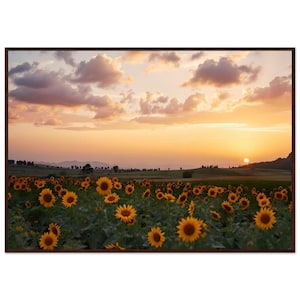 Natur Wandkunst Sonnenblumenfeld bei Sonnenaufgang gerahmter Druck, Natur Kunst Landschaftsdruck