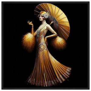 Art Deco Wall Decor &quot;Golden Umbrella&quot; Printed on Premium Matte Paper Framed in Black. Art deco wall decor home decor art deco large art deco