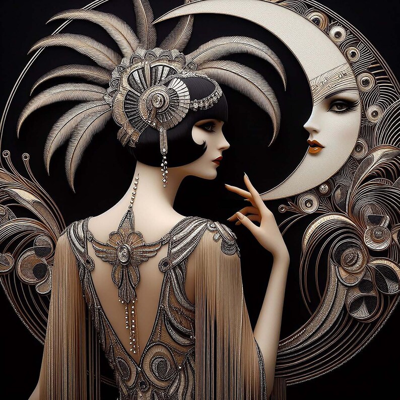 Art Deco Printable Wall Art Deco Beautiful Flapper in the Moon Art Deco ...