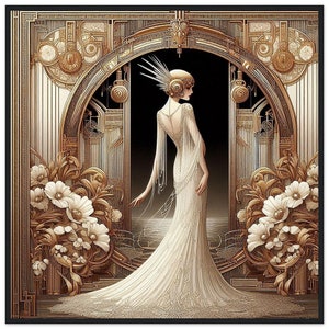 Decorazione da parete Art Déco "Pureté d’une Mariée" stampata su carta opaca premium incorniciata in legno. Un ritorno al passato per un'occasione o un regalo speciale.