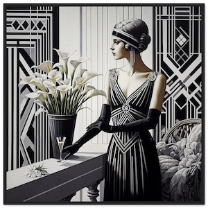 May include: An art deco style painting of a woman in a black and white dress, long gloves, and a beaded headpiece. She is holding a champagne glass, with a vase of white calla lilies nearby. The background features geometric patterns.