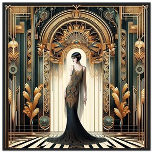 Quadro da parete Art Déco "Charming Chanteuse" stampato su carta opaca di alta qualità con cornice in legno nero. Rivivi un'epoca passata con questo complemento d'arredo.