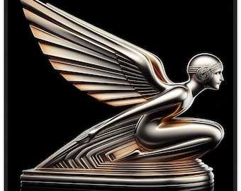 Art Deco Wall Art "Wind Spirit" Printed on Premium Matte Paper Framed in Black Wood. (Mascot Auto Hood Ornament). Home Decor, office, gift.