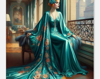 Art Deco "Turquoise Floral" Thin Canvas Print