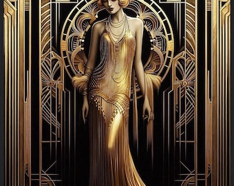 Art Deco Printable Wall Art Deco Golden Goddess art deco wall art, digital download. (Not 3-D, Not Embossed).