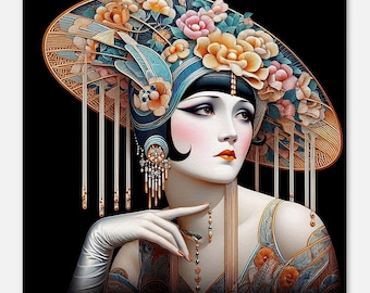 Art Deco "Lady with Flowers" Canvas Print, Mother's Day Gift | Spring | Bridal | Wedding | Romance