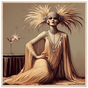 Art Deco Wall Art &quot;Feathery Siren&quot; Printed on Premium Matte Paper Framed in Dark Brown or Natural Wood. buttery yellow, flapper, beige.