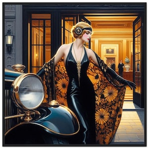 Arte murale Art Déco "Comme un Papillon" stampata su carta opaca di alta qualità con cornice in legno nero. L'aspetto dell'eleganza di un tempo passato.