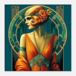 Art Deco Wall Art &quot;Lady in Orange&quot; Printed on Thin Canvas. Art Deco wall decor home decor bedroom art large art deco art living room art.