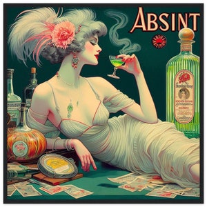 Quadro da parete Art Déco "Absinthe Publicité" stampato su carta opaca di alta qualità e incorniciato in legno nero. Dai uno sguardo al passato per la tua casa.