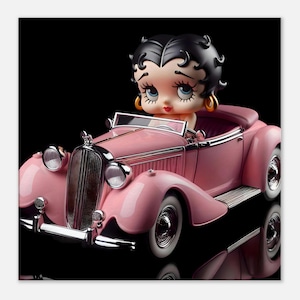 Art Deco Wall Art &quot;Betty in her Pink Roadster&quot; Retro Cartoon Image Printed on Slim Canvas Pink, betty boop, car. (photographic print).