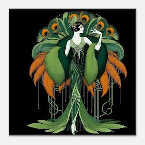 Art Deco Wall Art &quot;Vert&quot; Printed on Slim Canvas. Flapper in green and orange feathers to enhance your living space.