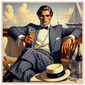 Arte murale Art Déco "1930's Swell on a Yacht" Stampata su carta opaca di alta qualità con cornice in legno. Condividi il tempo libero di un tempo passato.