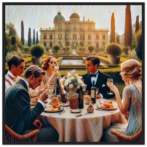 Art Deco Gatsby Style Outdoor Lunch Wall Art Print  1920s Garden Party Scene,  Elegant Men & Women Dining  Framed Print for Vintage Lovers