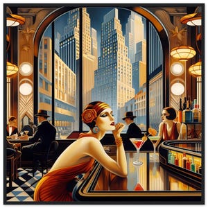 May include: A framed art print depicting a stylised bar scene with a person in a red dress sitting at a counter. The background features a large arched window overlooking a city skyline with tall buildings. Warm lighting illuminates the interior.