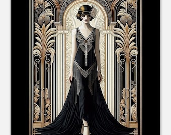 Lienzo decorativo Art Déco con estampado de mujer, "Bella en negro", estilo delgado.