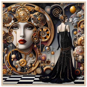 Art Deco Surreal 'Time' Mounted Framed Poster – Unikalny element konwersacyjny oprawiony w drewno. Surrealistyczny, wyjątkowy, niezwykły, wykraczający poza schemat.