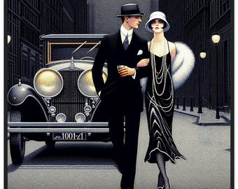 Art Deco Promenade Print, Framed Black Wood Wall Art