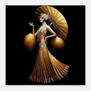 Art Deco Wall Art &quot;Golden Umbrella&quot; printed on slim Canvas. Golden Flapper housewarming gift wall decor living room bedroom office.