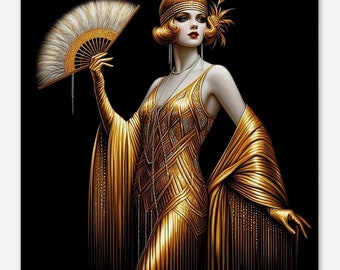 Art Deco Wall Art &quot;Golden Flapper with Fan&quot; Printed on slim Canvas. Art deco home decor art deco living room art large art deco art