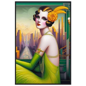 Art Deco Wall Art &quot;Chanteuse in Chartreuse&quot; Printed on Premium Matte Paper Framed in Wood. Bright colors can enliven your living space.
