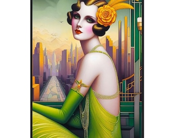 Grafika w stylu art déco, „Chanteuse w kolorze chartreuse”, oprawiona w matowy papier