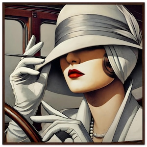 May include: An art deco style portrait of a person wearing a white hat with a gray band, white gloves, and a pearl necklace. The person has bright red lipstick and is holding a cigarette holder. The image is framed in a dark brown wooden frame.