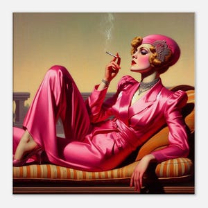 Art Deco Wall Art &quot;Pink Lady&quot; Printed on Slim Canvas. The spirit of Art Deco era flappers who broke the rules. Gift.