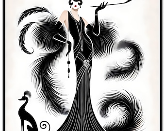 Art Deco Framed Poster – 'Flapper in Black Feathers' Minimalist Wall Art | Erte inspired