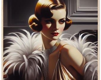 Art Deco "Feathered Beauty" Print, Black Framed Wall Art