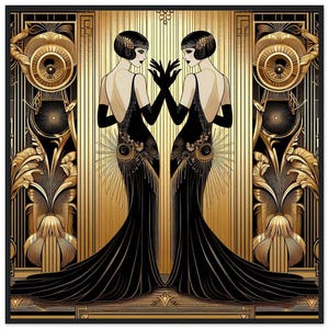 May include: Two women in black dresses with gold accents stand in front of a gold and black geometric background. The women are facing each other and have their hands raised in a gesture of greeting. The background is made up of repeating patterns of circles, squares, and lines.