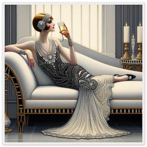 Arte murale Art Deco "The Beaded Dress" stampata su carta opaca di alta qualità con cornice in legno nero, bianco o naturale. Bellissima immagine per qualsiasi spazio.