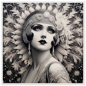Arte murale Art Deco "Femme Magnifique" Carta opaca di alta qualità con cornice in legno bianco o nero. Stupendo per il tuo spazio abitativo. Regalo.