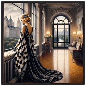 Arte murale Art Déco "Ammirando il panorama" stampata su carta opaca di alta qualità, poster con cornice in legno. Arlecchino per tutti gli spazi abitativi, regali.