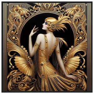 Decorazione da parete Art Déco "Elégance Dorée" stampata su cornice in legno di carta opaca premium. Immagine sempre bella per la tua casa, ufficio o regalo.
