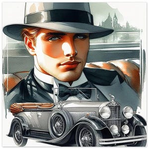 Poster da parete Art Déco "Swell and His Automobile" stampato su carta semi-lucida classica, 30 x 30 cm / 12x12". Un uomo e le sue ruote per la casa.