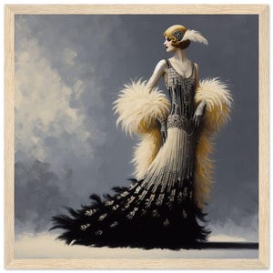 Art Deco Style Wall Art &quot;Modeling Lovely Gown&quot; Printed on Premium Matte Paper Framed in Wood. Nice for monochromatic or minimalist decor.