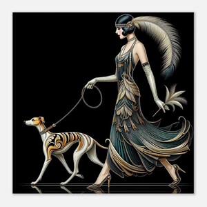 May include: A woman in a teal and gold flapper dress with a feather headpiece walks with a white and brown dog on a lead. The background is black.