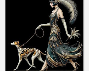Art Deco Wall Art Flapper and Whippet printed on Canvas. A favorite for the Art Deco fan. Gift.