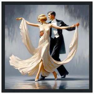 Art Deco Wall Art &quot;The Ballroom Dancers&quot; Printed on Premium Matte Paper Framed in Black Wood. Reminiscent of old movies. Gift.